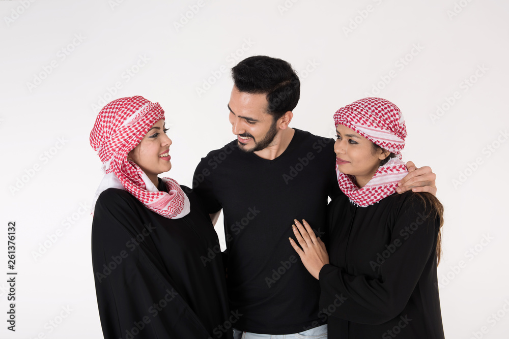 Arab man with tow arab women on white background