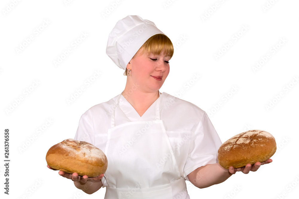 female baker with two sourdoughs isolated female baker with two sourdoughs isolated