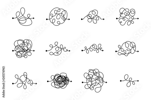 Vector symbol of complicated way with scribbled round element, chaos sign, pass the way linear arrow with clew or tangle ball in center