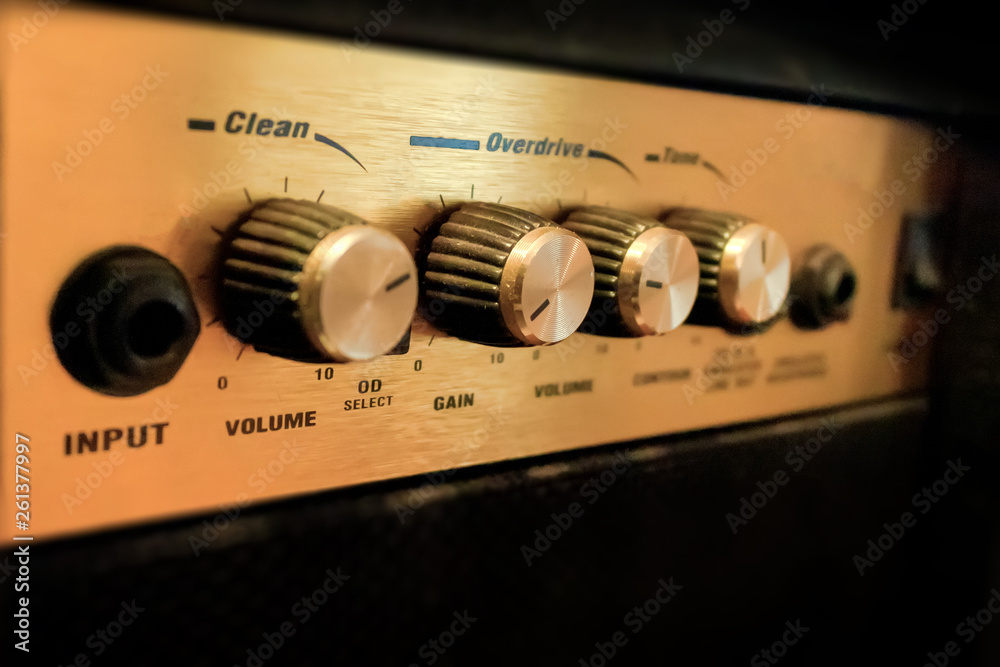 Guitar amp closeup button panel Guitar amp closeup button panel