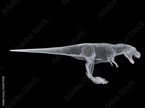 3d rendering of a white wired dino isoalted on black background