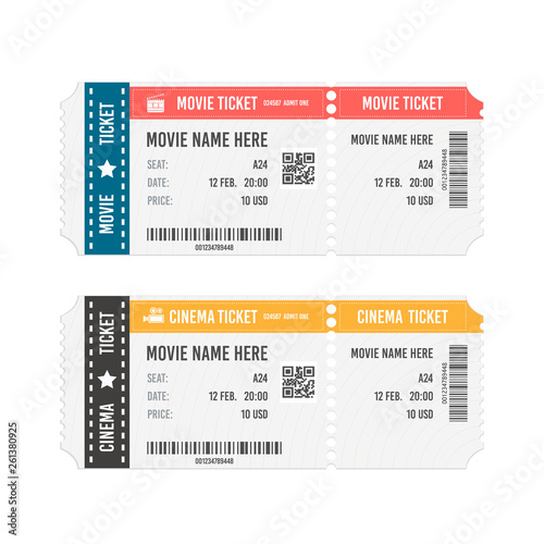 Modern cinema or movie tickets isolated on white background. Realistic front view vector illustration.