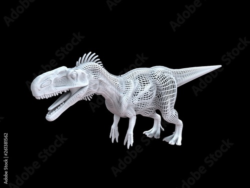 3d rendering of a white wired dino isoalted on black background