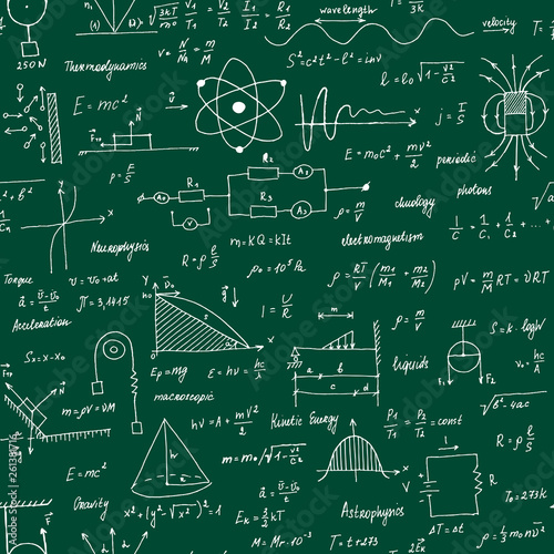 Physics Formulas. Seamless texture. School blackboard with the formulas and equations.
