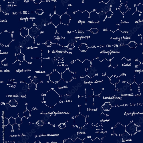 Organic compounds. Seamless texture. Sketch of the school blackboard with the chemestry organic compound. Organic chemistry.