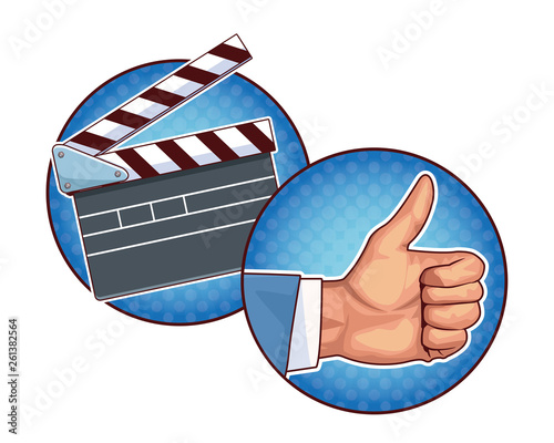movie clapper board and thumb up pop art round icons