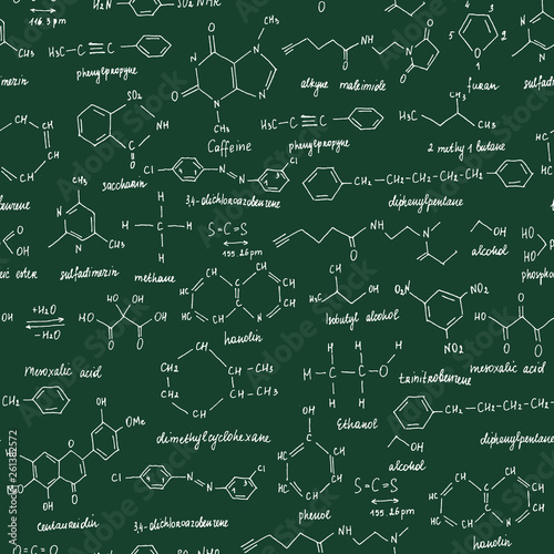 Organic compounds. Seamless texture. Sketch of the school blackboard with the chemestry organic compound. Organic chemistry.