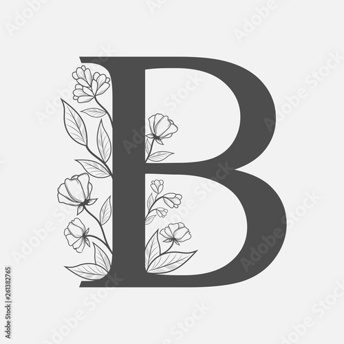 Uppercase Letter B with flowers and branches. Vector flowered monogram or logo. Hand Drawn concept. Botanical design branding. Composition of letter and flowers for wedding card, invitations, brand