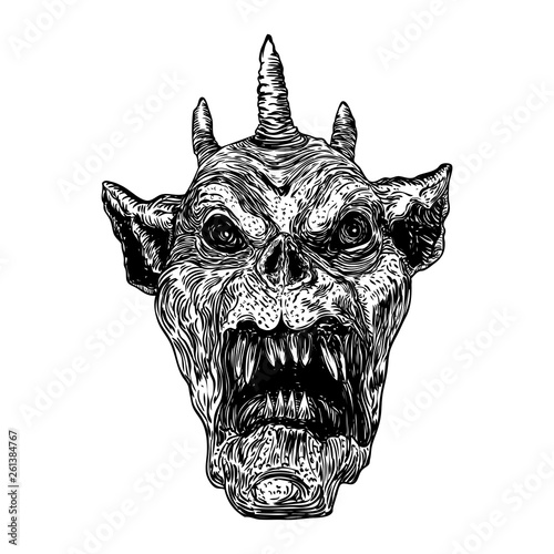 Devil head with big demon horns or antlers and sharp fangs. Satan or Lucifer fallen angel depiction. Gargoyle human like chimera fantastic beast creature with dark scary face. Vector.