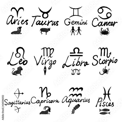 Zodiac 12 signs Capricorn Aquarius Pisces Aries Taurus Gemini Cancer Leo Virgo Libra Scorpio Sagittarius icons and name hand writing lettering calligraphy,  hand drawn symbols. Vector.