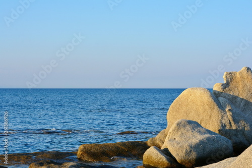 CHALKIDIKI MACEDONIA GREECE. Impressive rocks at Kakoudia beach, close to Ierissos town (Aristotle Municipality).Beuautiful sea scape. Rocks in the sea. Ierissos, greece. photo