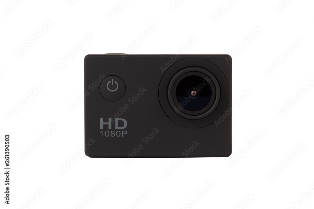 Action camera on a white background. Black portable camera close up on a white background.