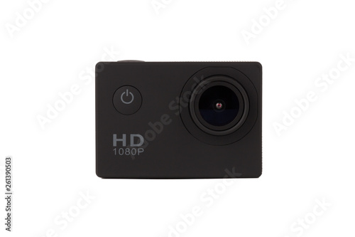 Action camera on a white background. Black portable camera close up on a white background.