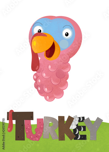 cartoon scene with happy turkey on white background with name sign of animal - illustration for children