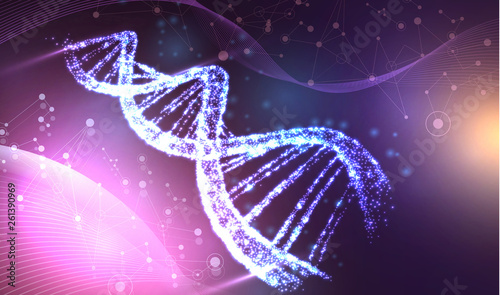 Abstract luminous DNA molecule, neon helix on purple background. Medical science, genetic, biotechnology, chemistry, biology.