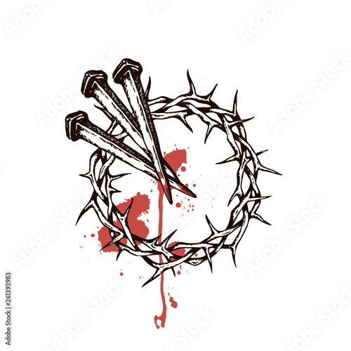 image of jesus nails with thorn crown and blood isolated on white background