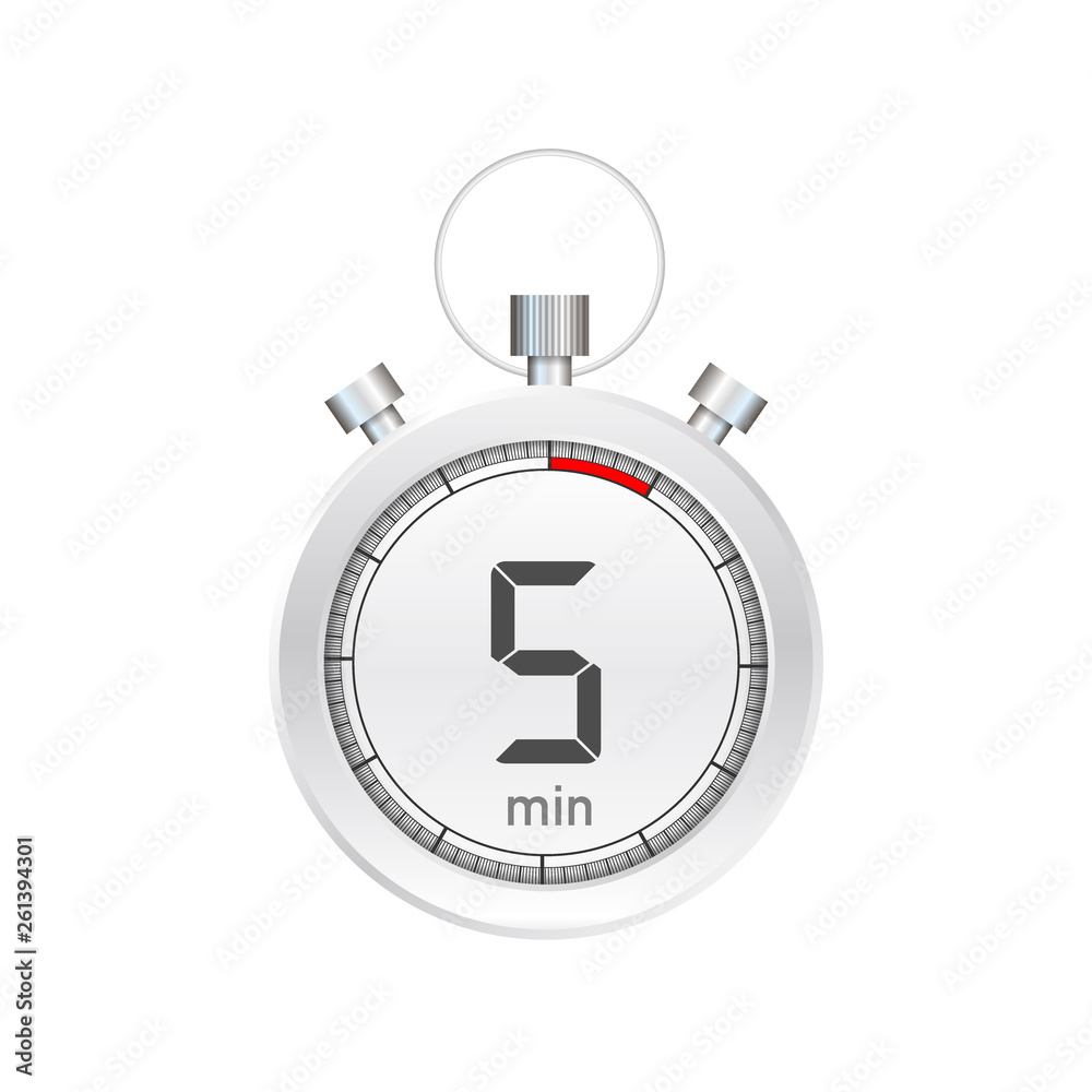 The 5 minutes, stopwatch vector icon. Stopwatch icon in flat style, timer on on color background.  Vector illustration.