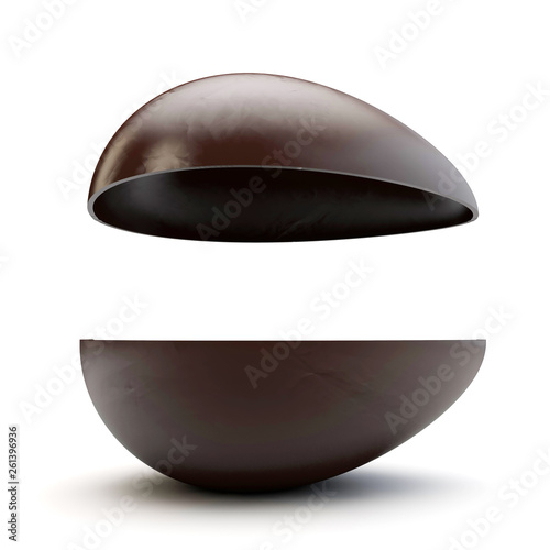 Two halves of a chocolate easter egg split apart. 3D Render