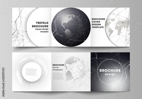 Vector layout of square format covers design templates for trifold brochure, flyer. Futuristic design with world globe, connecting lines and dots. Global network connections, technology concept.