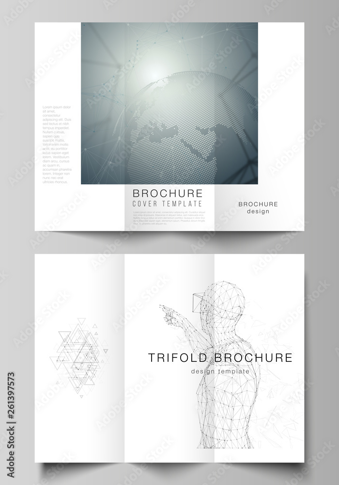 The minimal vector illustration of editable layouts. Modern creative covers design templates for trifold brochure or flyer. Technology, science, future concept abstract futuristic backgrounds.