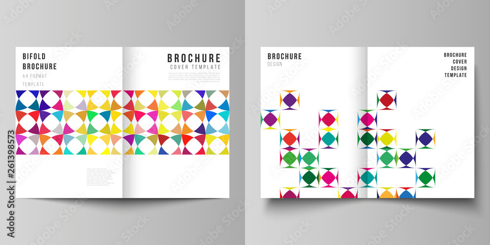 Vector layout of two A4 format modern cover mockups design templates for bifold brochure, flyer, booklet, report. Abstract background, geometric mosaic pattern with bright circles, geometric shapes.