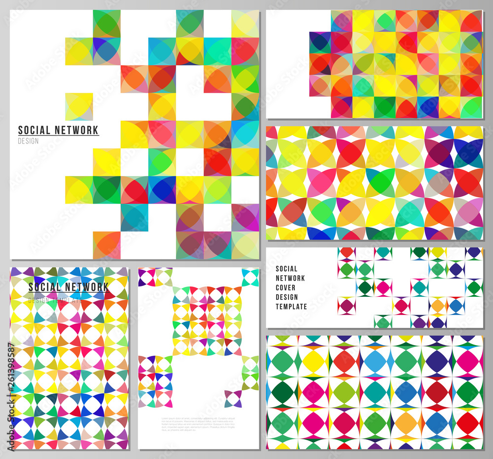 The minimalistic abstract vector illustration of layouts of modern social network mockups in popular formats. Abstract background, geometric mosaic pattern with bright circles, geometric shapes. The minimalistic abstract vector illustration of layouts of modern social network mockups in popular formats. Abstract background, geometric mosaic pattern with bright circles, geometric shapes.
