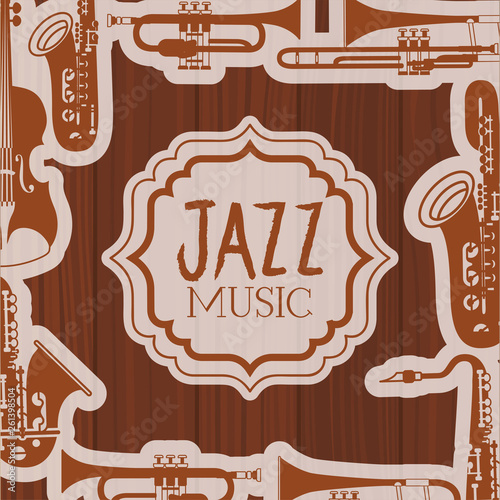 Sticker jazz day frame with instruments and wooden background