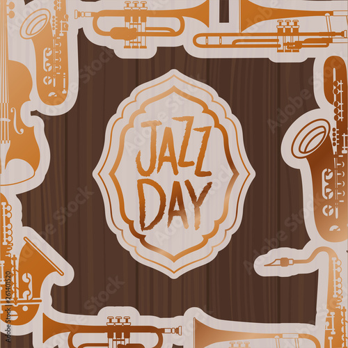 Canvas Print jazz day frame with instruments and wooden background