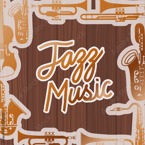 Sticker jazz day poste with instruments and wooden background