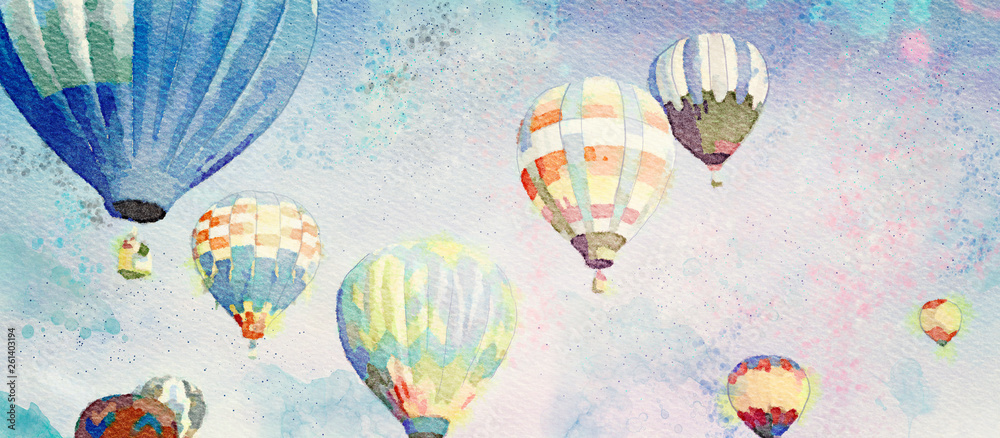 Hot Air Balloons. Watercolor background - obrazy, fototapety, plakaty 