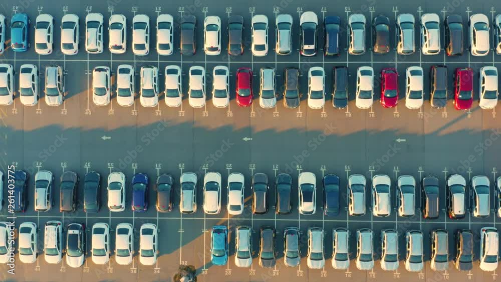 Aerial top view of the dealership terminal parking lot with a rows of new cars on a sunny day