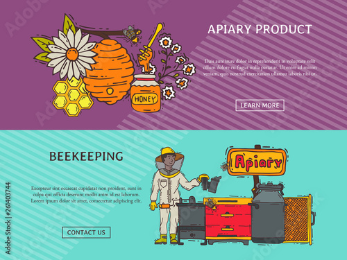 Beekeeping banner, apiary and beekeeper in protective suit vector illustration. Man with equipment. Honeycomb, honey from beehive, jar with organic honey. Apiculture organic product.