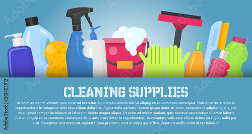 Cleaning supplies banner vector illustration. Home clean tools. Brush, bucket window wipes and chemicals tool. Broom, antiseptic wipes and rubber gloves washing detergents.