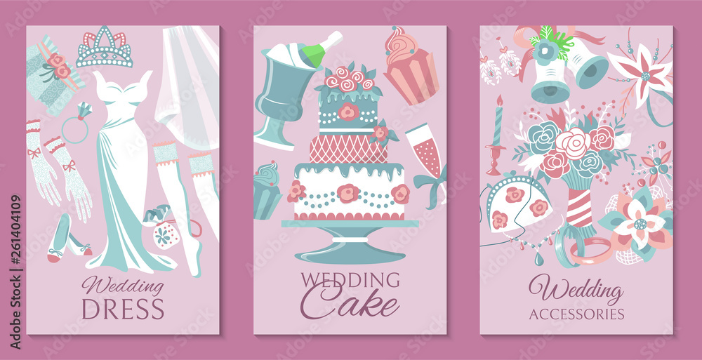 Bride accessories set of cards, posters vector illustration. Wedding dress, cake, cupcakes, glass of champagne, shoes, engagement rings, gloves, necklace, tiara, stockings.