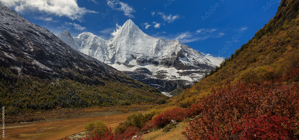 Jampayang, holy snow mountain in Daocheng Yading Nature Reserve - Garze, Kham Tibetan Pilgrimage region of Sichuan Province China. Alpine grassland in front of the towering ice summit of Yangmaiyong