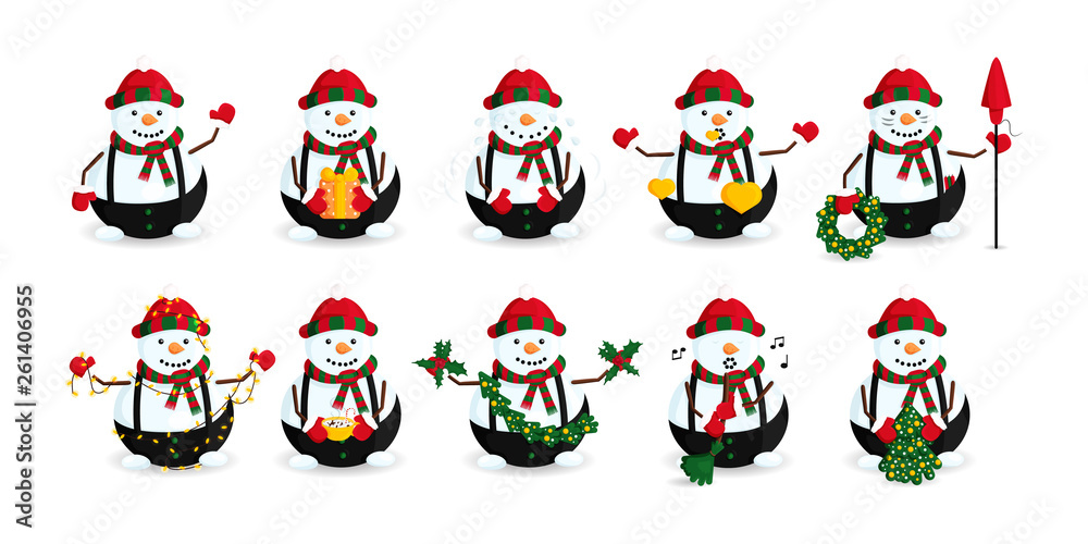 Fototapeta premium Vector Set of Snowman in Striped Hat and Scarf. Collection of Traditional Winter Character. Kit of Designs for Greeting Card for Hew Year and Merry Christmas. Vector Snowman in Different Situations