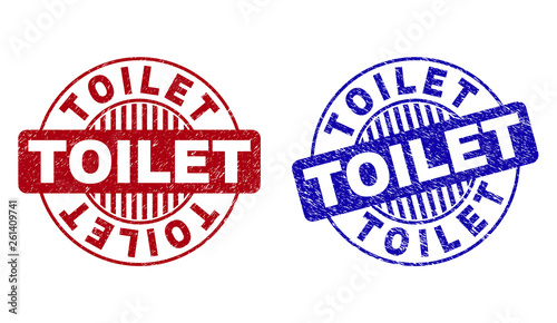 Grunge TOILET round stamp seals isolated on a white background. Round seals with grunge texture in red and blue colors. Vector rubber overlay of TOILET text inside circle form with stripes.