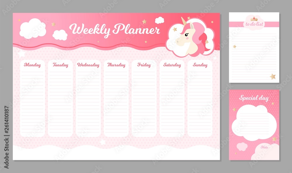 Vector weekly planner with cute unicorn. Template of to do list and notes. Vector weekly planner with cute unicorn. Template of to do list and notes.