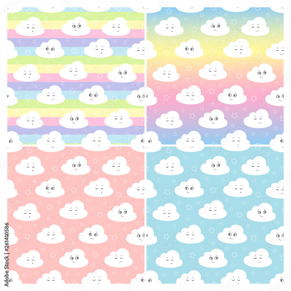 set children seamless pattern with cute clouds, stars. vector illustration baby seamless pattern set children seamless pattern with cute clouds, stars. vector illustration baby seamless pattern