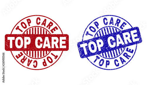 Grunge TOP CARE round stamp seals isolated on a white background. Round seals with grunge texture in red and blue colors. Vector rubber imprint of TOP CARE text inside circle form with stripes.