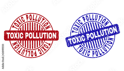 Grunge TOXIC POLLUTION round stamp seals isolated on a white background. Round seals with grunge texture in red and blue colors.