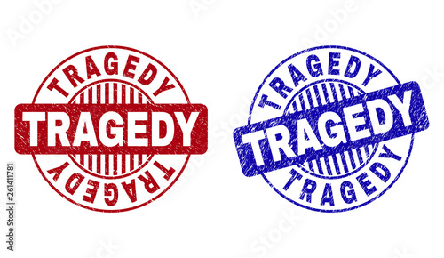 Grunge TRAGEDY round stamp seals isolated on a white background. Round seals with grunge texture in red and blue colors. Vector rubber imitation of TRAGEDY label inside circle form with stripes.