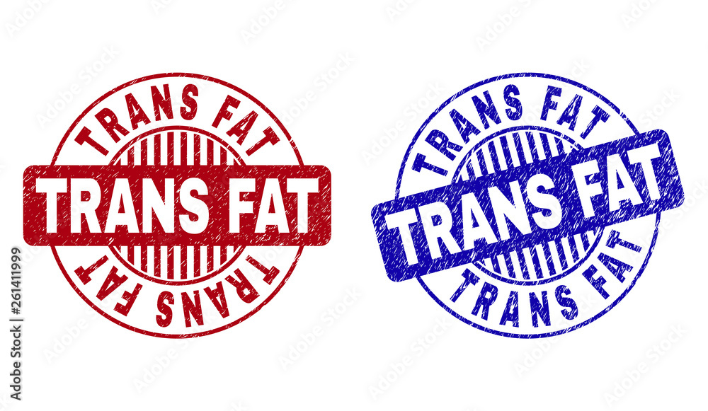 Grunge TRANS FAT round stamp seals isolated on a white background. Round seals with grunge texture in red and blue colors. Vector rubber watermark of TRANS FAT caption inside circle form with stripes. Grunge TRANS FAT round stamp seals isolated on a white background. Round seals with grunge texture in red and blue colors. Vector rubber watermark of TRANS FAT caption inside circle form with stripes.