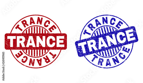 Grunge TRANCE round stamp seals isolated on a white background. Round seals with distress texture in red and blue colors. Vector rubber watermark of TRANCE caption inside circle form with stripes.