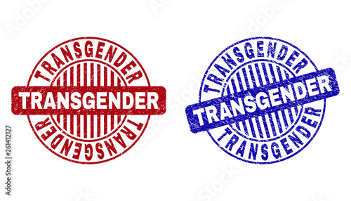 Grunge TRANSGENDER round stamp seals isolated on a white background. Round seals with grunge texture in red and blue colors. Vector rubber overlay of TRANSGENDER label inside circle form with stripes.