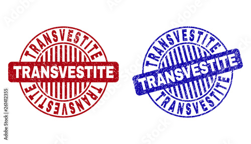 Grunge TRANSVESTITE round stamp seals isolated on a white background. Round seals with distress texture in red and blue colors.