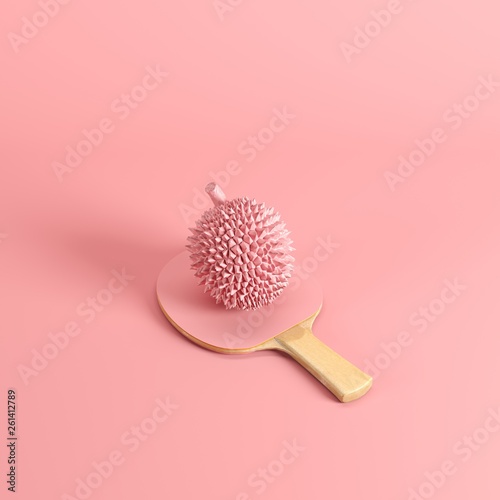 Whole durian, king of fruits, painted in pink on ping pong paddle with pink rubber isolated on pastel pink background. Minimal fruit idea concept.