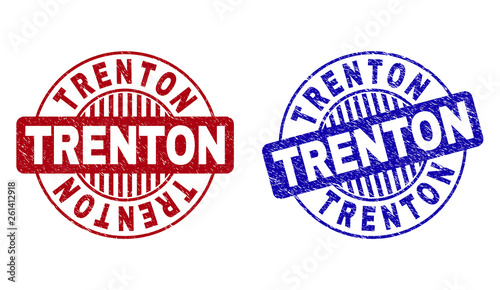 Grunge TRENTON round stamp seals isolated on a white background. Round seals with distress texture in red and blue colors. Vector rubber imprint of TRENTON text inside circle form with stripes.