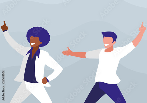 interracial dancers couple disco style characters
