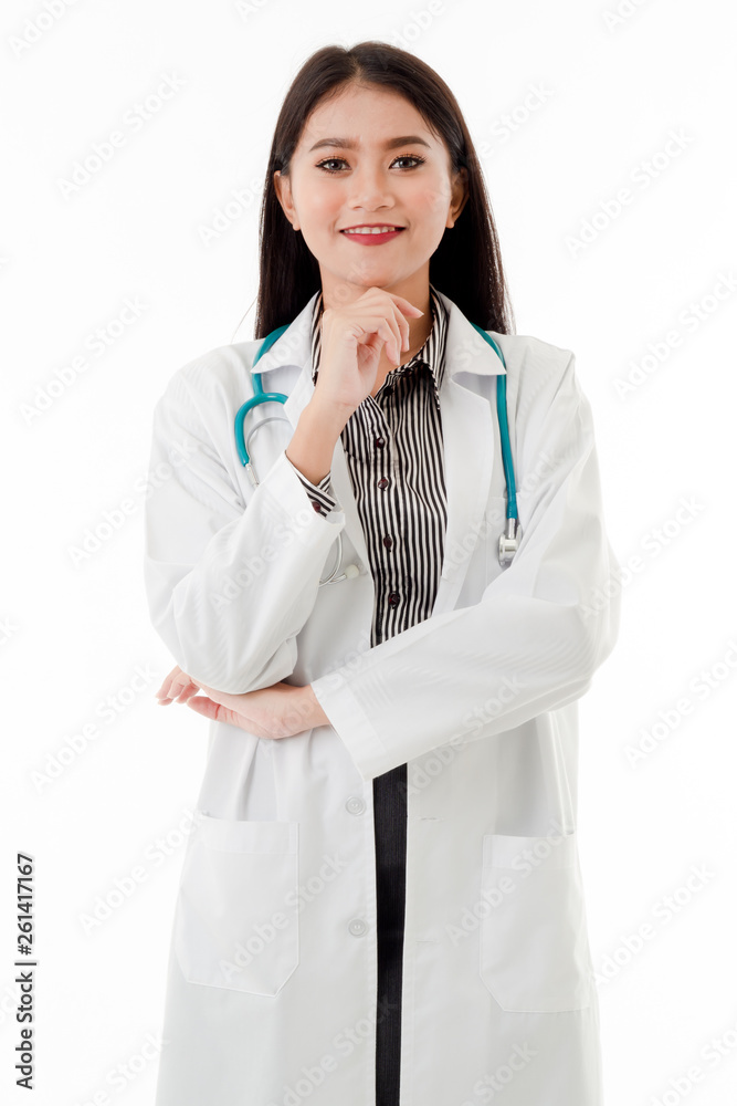 Portrait of smiling pretty young female doctor and stethoscope stand with feeling confident and enthusiastic on white background, healthcare and medical concept. Portrait of smiling pretty young female doctor and stethoscope stand with feeling confident and enthusiastic on white background, healthcare and medical concept.